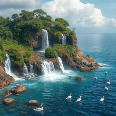 The primary subject of the image is a beautiful island with a waterfall, surrounded by a blue ocean. The island is covered in lush greenery, and there are several birds swimming in the water near the island. The visual style of the image is a combination of photo and digital art, creating a vibrant and captivating scene. The colors and mood of the image are predominantly blue and green, with a sense of serenity and natural beauty.